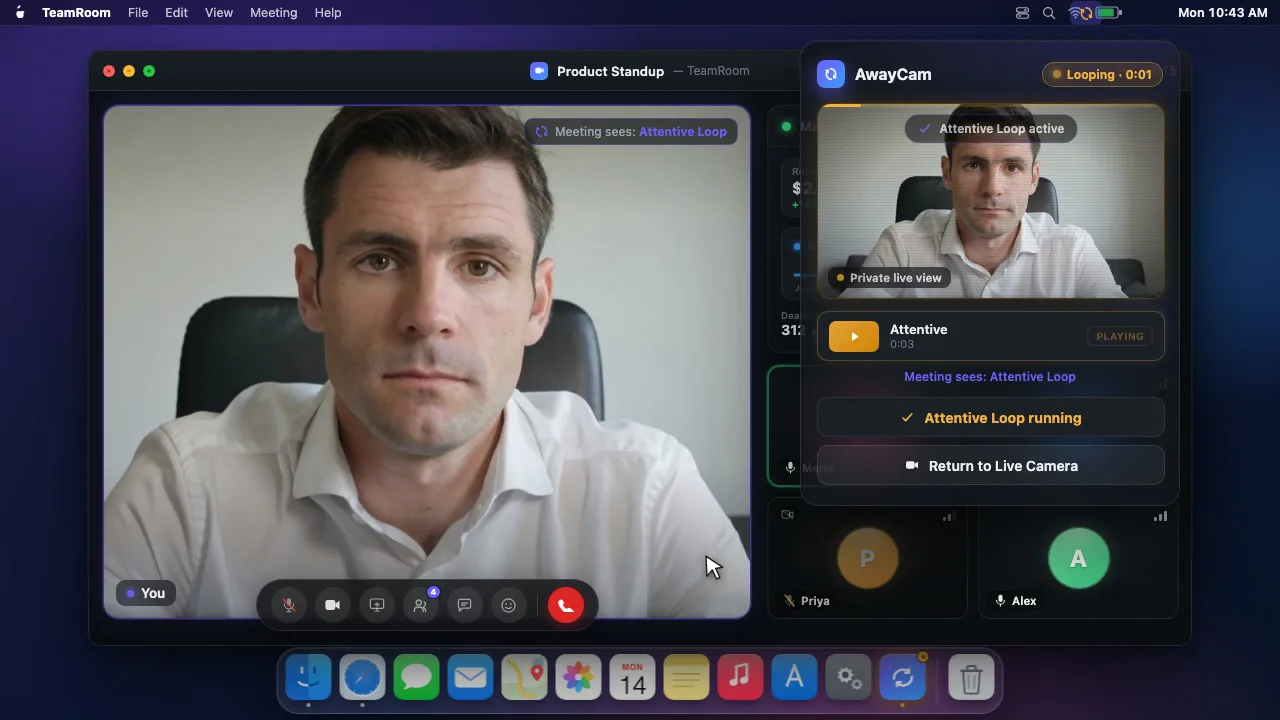 AwayCam running an away loop in a meeting — the menu-bar popover open beside the meeting window, with the private preview and one-click controls.