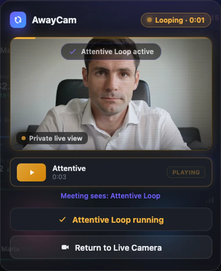 The AwayCam menu-bar popover, running an away loop — showing the private live preview only you can see, the active clip, and one-click Return to Live Camera.